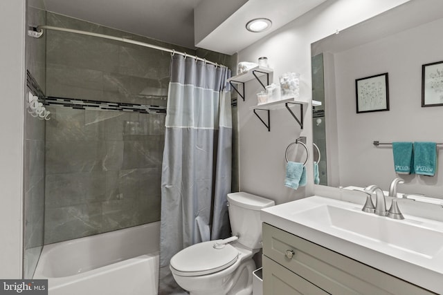 full bathroom with shower / bath combo, toilet, and vanity