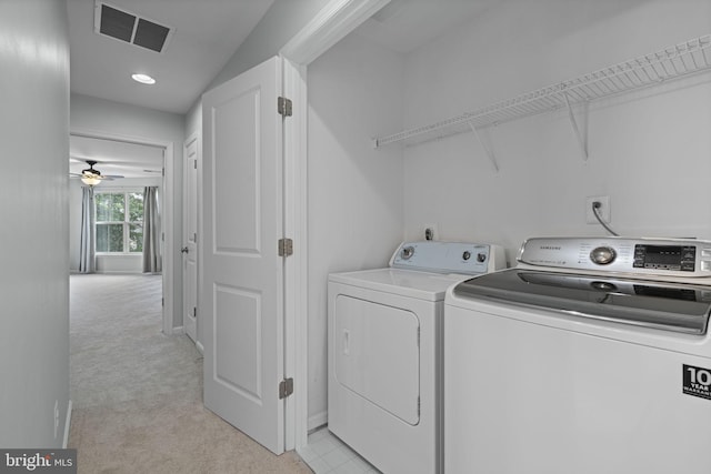 23466 Twin Falls Ter, Brambleton, VA 20148 - washroom with separate washer and dryer, light colored carpet, ceiling fan, baseboards, and recessed lighting