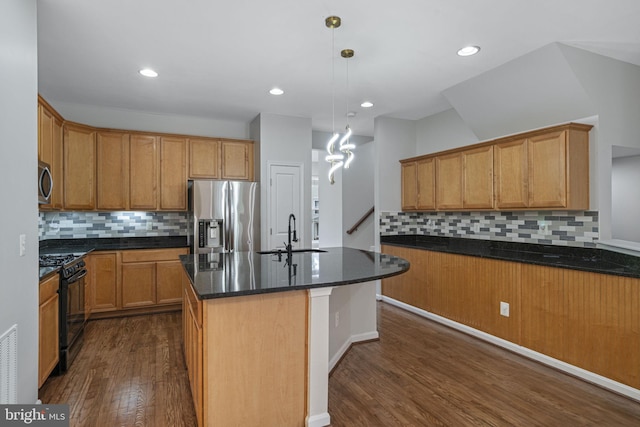 23466 Twin Falls Ter, Brambleton, VA 20148 - kitchen with appliances with stainless steel finishes, a sink, dark wood-type flooring, decorative backsplash, and recessed lighting
