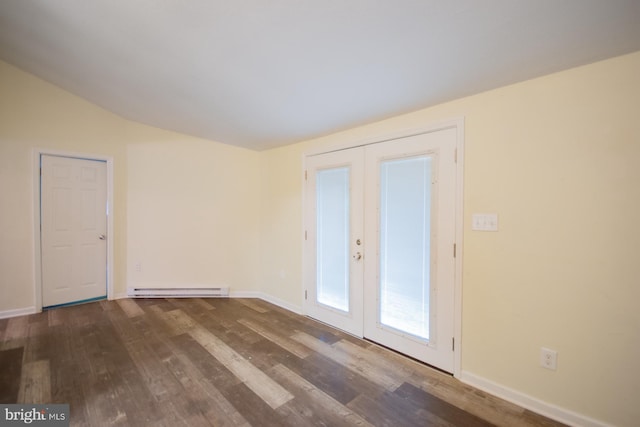 384 Nancy Jack Rd, Gerrardstown, WV 25420 - spare room with baseboard heating, dark wood finished floors, baseboards, lofted ceiling, and french doors