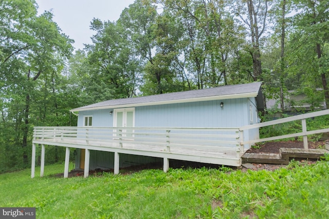 384 Nancy Jack Rd, Gerrardstown, WV 25420 - view of side of home with a wooden deck, french doors, and roof with shingles
