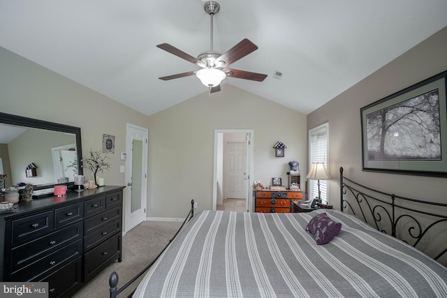bedroom featuring lofted ceiling, light colored carpet, baseboards, and a ceiling fan