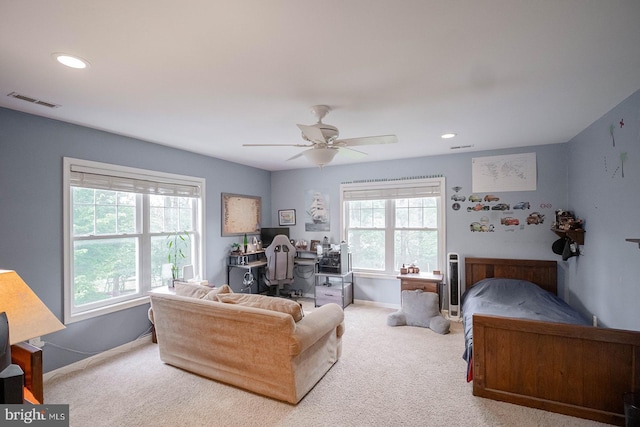 carpeted bedroom featuring a desk, a ceiling fan, recessed lighting, and baseboards