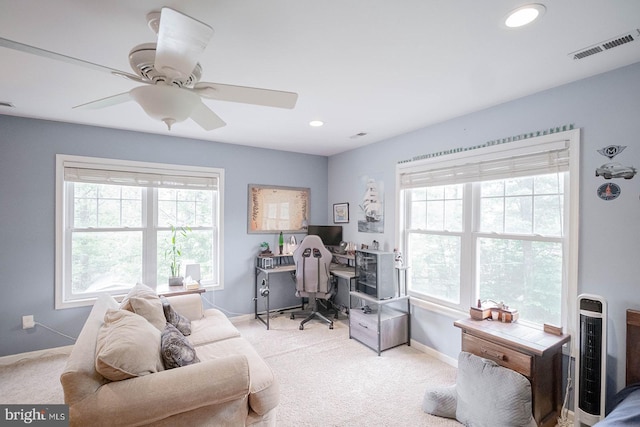 carpeted home office featuring plenty of natural light, baseboards, ceiling fan, and recessed lighting