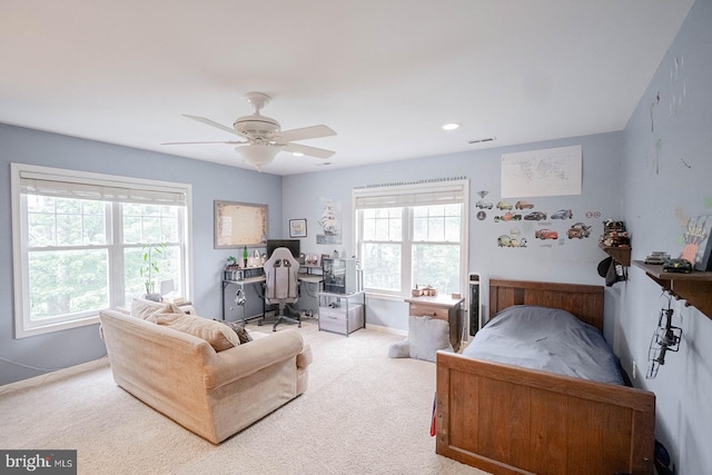 bedroom with an office area, carpet flooring, a ceiling fan, recessed lighting, and baseboards