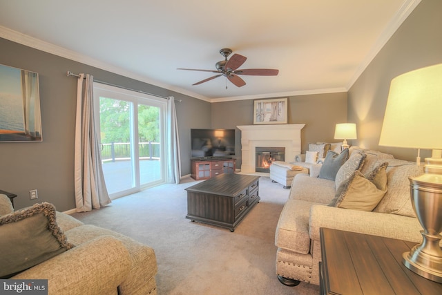 16 Red Oak Dr, Quakertown, PA 18951 - living room featuring ceiling fan, ornamental molding, light colored carpet, and a glass covered fireplace