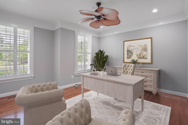office featuring ceiling fan, baseboards, dark wood finished floors, recessed lighting, and crown molding