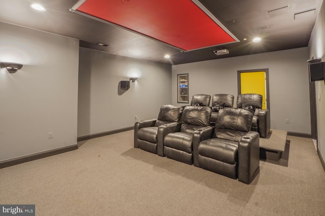 cinema room with carpet, recessed lighting, and baseboards