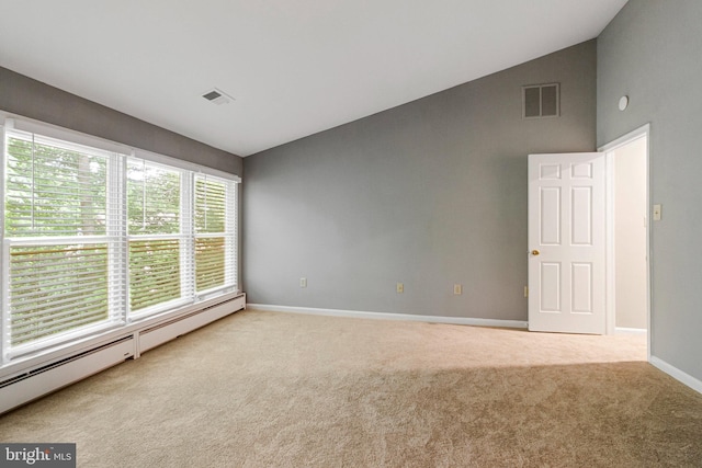 unfurnished room with a baseboard radiator, carpet floors, baseboards, and high vaulted ceiling