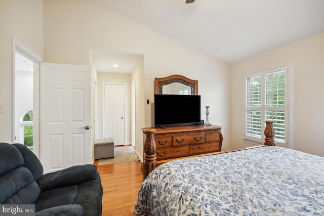 bedroom featuring wood finished floors and vaulted ceiling