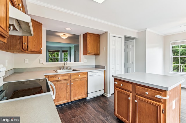 1372 Walkabout Ct Unit 53, Eldersburg, MD 21784 - kitchen with white appliances, a sink, under cabinet range hood, crown molding, and brown cabinetry
