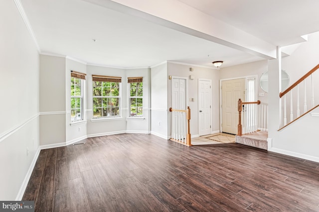 1372 Walkabout Ct Unit 53, Eldersburg, MD 21784 - unfurnished living room featuring wood finished floors, stairway, baseboards, and crown molding