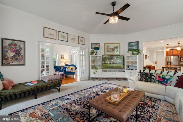 7814 Abbey Oaks Ct, Manassas, VA 20112 - carpeted living room with crown molding, ceiling fan, and french doors