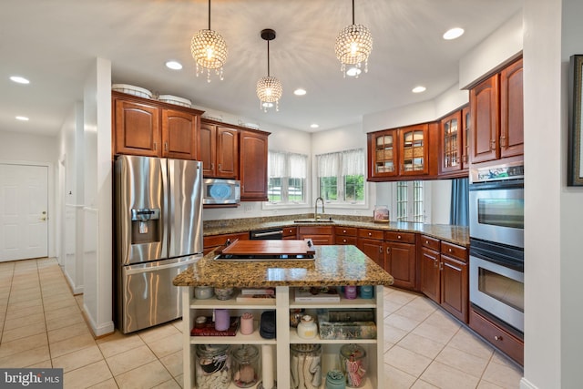 7814 Abbey Oaks Ct, Manassas, VA 20112 - kitchen featuring stainless steel appliances, open shelves, a sink, light tile patterned flooring, and a chandelier