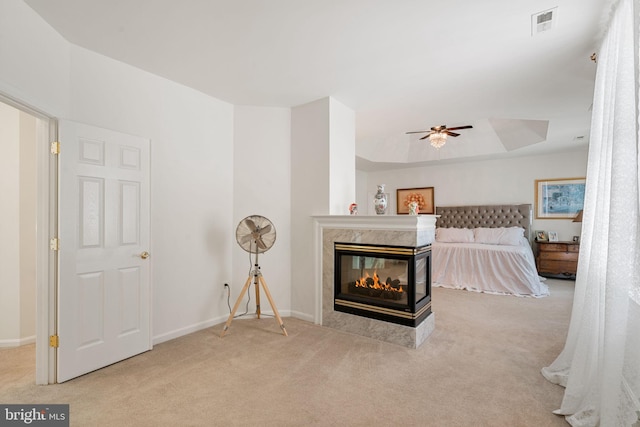 7814 Abbey Oaks Ct, Manassas, VA 20112 - bedroom featuring carpet, a multi sided fireplace, baseboards, and ceiling fan