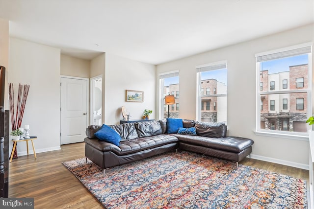 living area featuring wood finished floors and baseboards