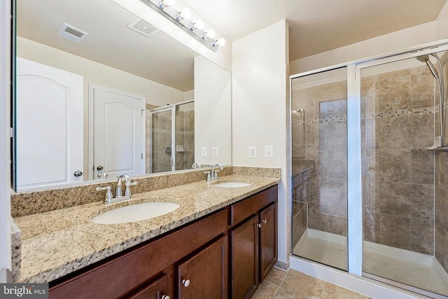 bathroom with a stall shower and double vanity