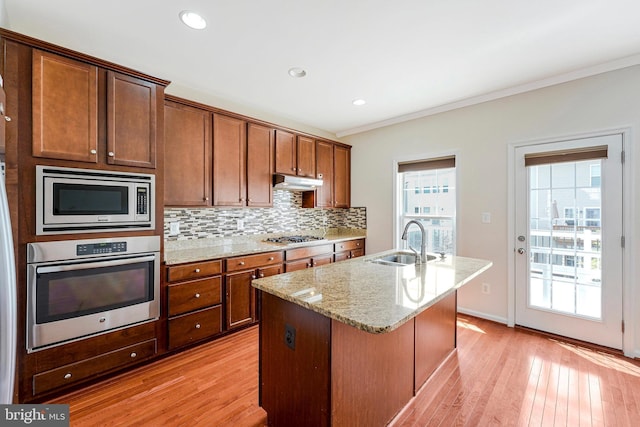 kitchen featuring stainless steel appliances, a sink, light wood-style flooring, tasteful backsplash, and under cabinet range hood