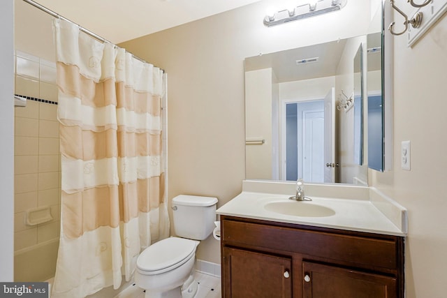 bathroom with toilet, vanity, shower / bath combination with curtain, and tile patterned flooring