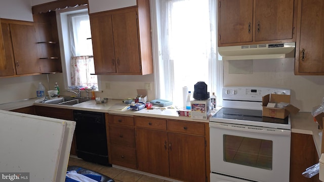 kitchen with white range with electric stovetop, black dishwasher, under cabinet range hood, and light countertops