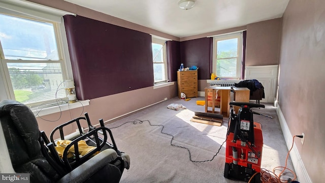 living area with carpet floors and baseboards