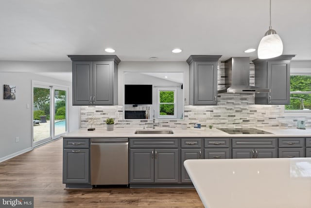 6281 Hidden Clearing, Columbia, MD 21045 - kitchen with dishwasher, gray cabinetry, a sink, wall chimney exhaust hood, and tasteful backsplash