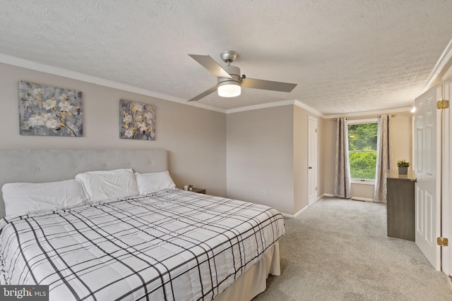 6281 Hidden Clearing, Columbia, MD 21045 - bedroom featuring a textured ceiling, ornamental molding, light carpet, baseboards, and a ceiling fan