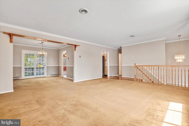 carpeted spare room with a chandelier, ornamental molding, a baseboard heating unit, and baseboards