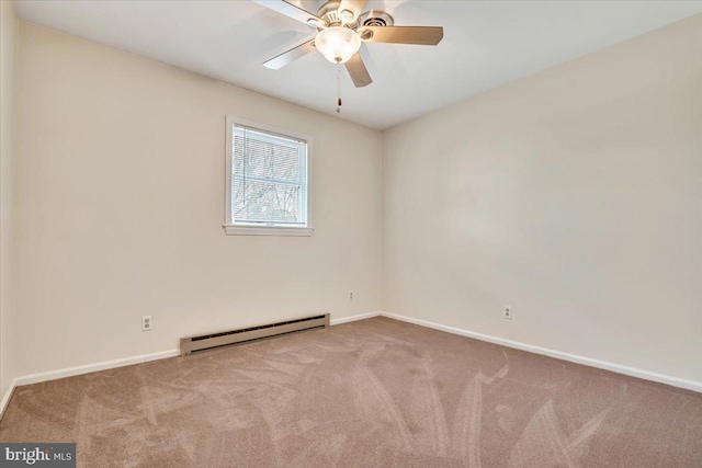 unfurnished room featuring a baseboard radiator, carpet, baseboards, and ceiling fan