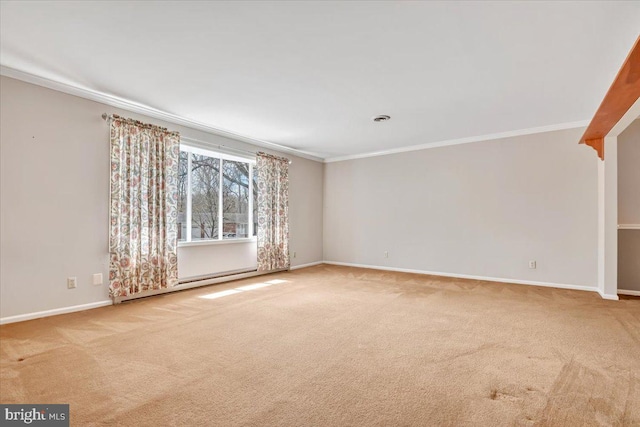 unfurnished living room with ornamental molding, carpet flooring, baseboards, and a baseboard radiator