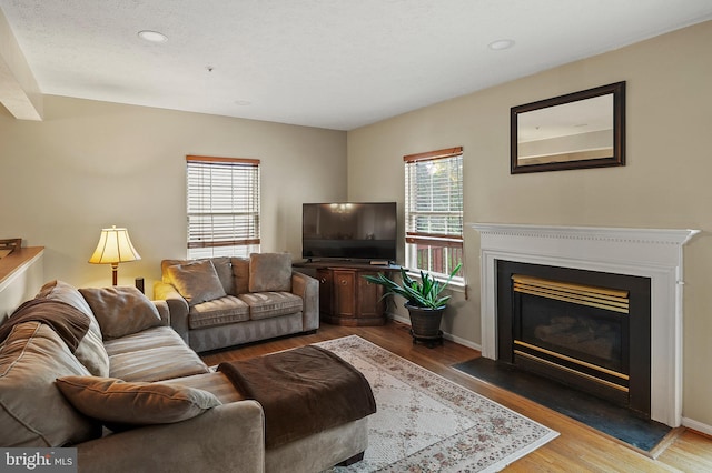 living area featuring wood finished floors, a glass covered fireplace, recessed lighting, and baseboards
