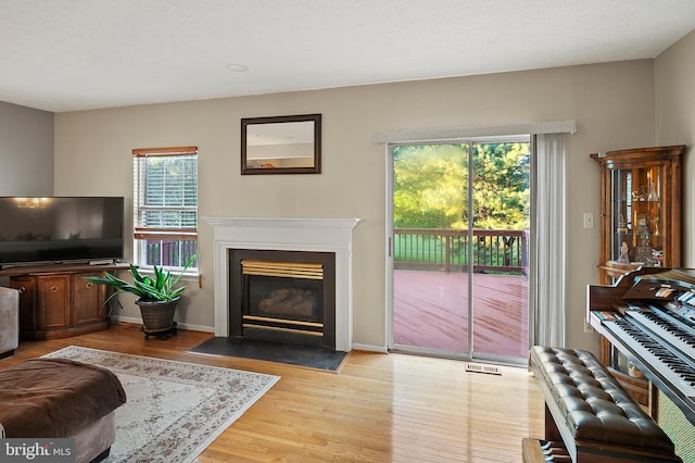 living room with plenty of natural light, light wood-type flooring, a fireplace with flush hearth, and baseboards