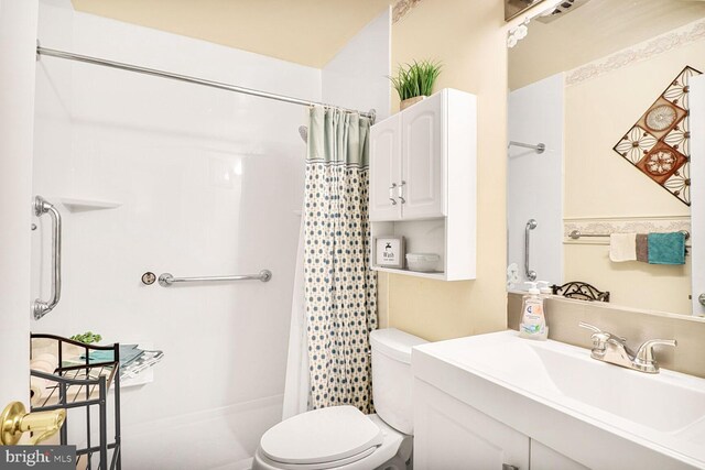 full bath with toilet, a shower with curtain, and a sink