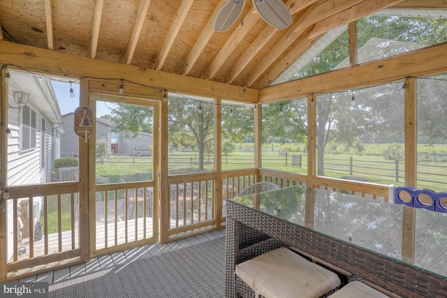 18418 Gravel Hill Rd, Georgetown, DE 19947 - sunroom featuring lofted ceiling, a ceiling fan, and outdoor dining space