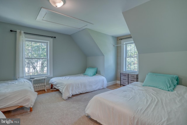 18418 Gravel Hill Rd, Georgetown, DE 19947 - bedroom featuring attic access, lofted ceiling, baseboards, and wood finished floors