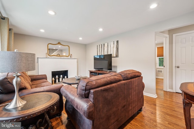 living room with wood finished floors, recessed lighting, baseboards, and a fireplace