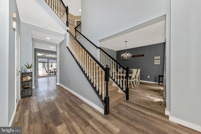 3001 Swiper Dr, Manchester, MD 21102 - entrance foyer with a chandelier, baseboards, wood finished floors, stairway, and recessed lighting