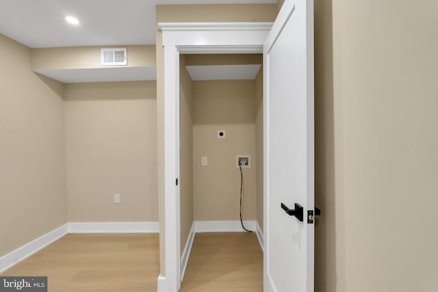 laundry room featuring hookup for an electric dryer, light wood-type flooring, baseboards, recessed lighting, and hookup for a washing machine