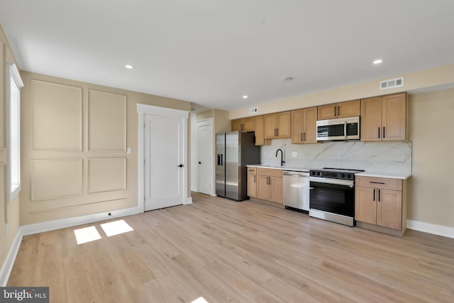 kitchen with appliances with stainless steel finishes, baseboards, light wood-style flooring, backsplash, and recessed lighting