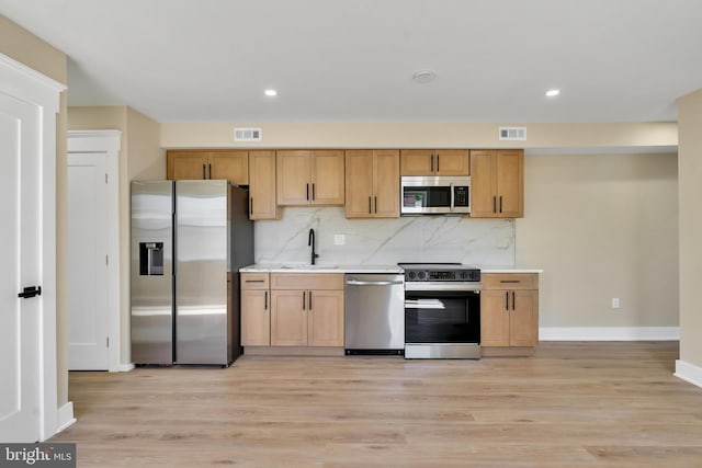 kitchen featuring stainless steel appliances, a sink, light wood finished floors, backsplash, and recessed lighting