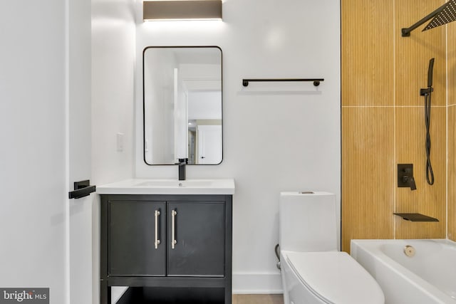 full bathroom featuring vanity, shower / tub combination, and toilet