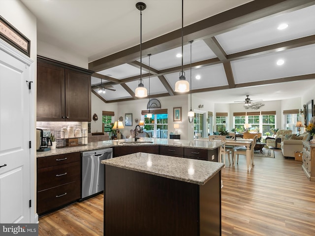 20 Parker Dr, Millsboro, DE 19966 - kitchen with stainless steel dishwasher, a ceiling fan, open floor plan, a sink, and coffered ceiling