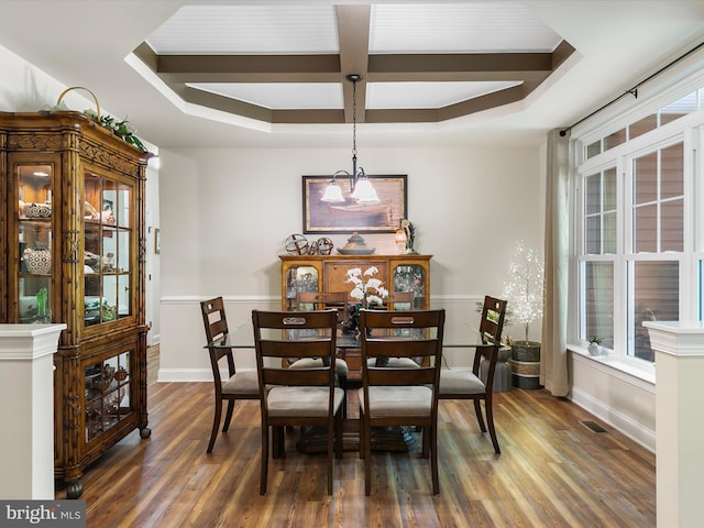 20 Parker Dr, Millsboro, DE 19966 - dining space featuring dark wood-style floors, coffered ceiling, baseboards, beamed ceiling, and a tray ceiling