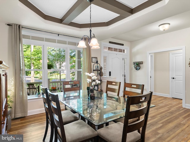 20 Parker Dr, Millsboro, DE 19966 - dining area with wood finished floors, coffered ceiling, baseboards, a chandelier, and beam ceiling