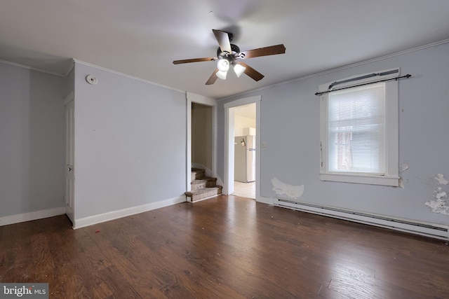 unfurnished room with baseboard heating, crown molding, a ceiling fan, stairway, and wood finished floors