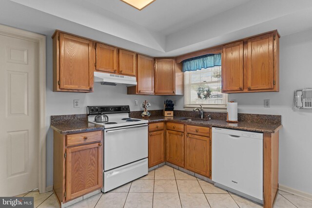 407 Stanford Rd, Fairless Hills, PA 19030 - kitchen featuring white appliances, under cabinet range hood, a sink, and brown cabinetry