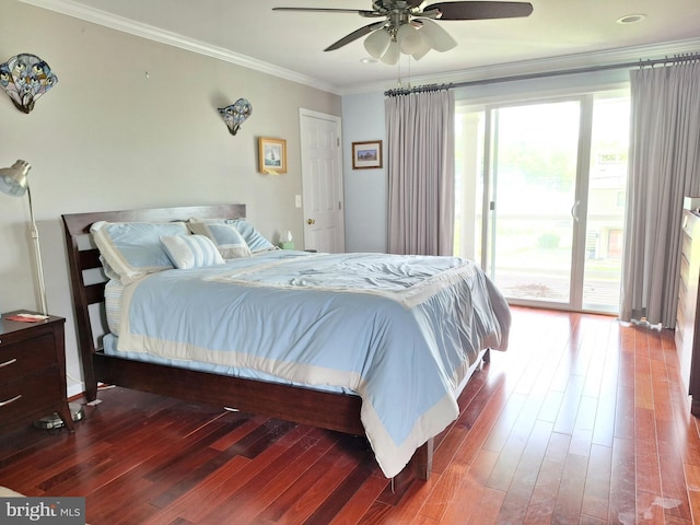 839 Shore Dr, Edgewater, MD 21037 - bedroom featuring crown molding, access to exterior, wood finished floors, and a ceiling fan