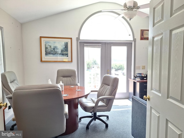 839 Shore Dr, Edgewater, MD 21037 - carpeted home office featuring vaulted ceiling, french doors, and a ceiling fan