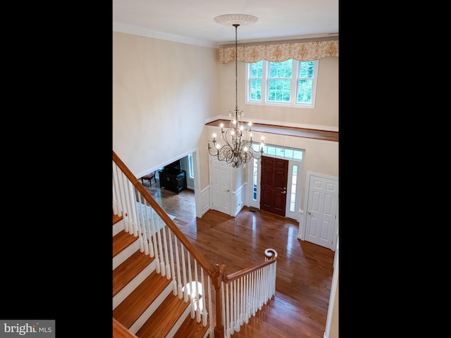entrance foyer with stairway, a chandelier, wood finished floors, crown molding, and baseboards