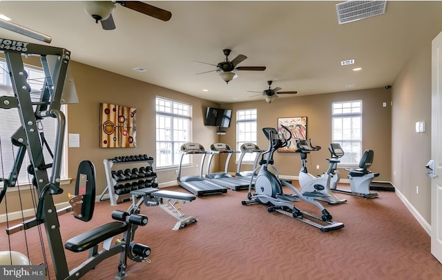 128 Michele Way Unit 38, Cinnaminson, NJ 08077 - gym featuring ceiling fan, plenty of natural light, baseboards, and recessed lighting